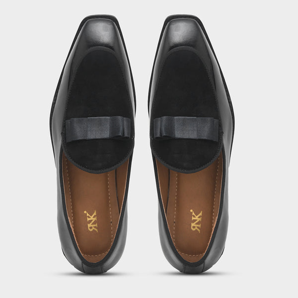 The Tuxe - Patent Leather & Suede Fusion Loafer with Grosgrain Bow in Jet Black