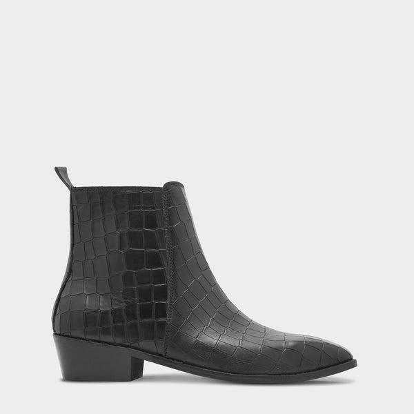 Crocodile Patterned Black Leather Boots for Men