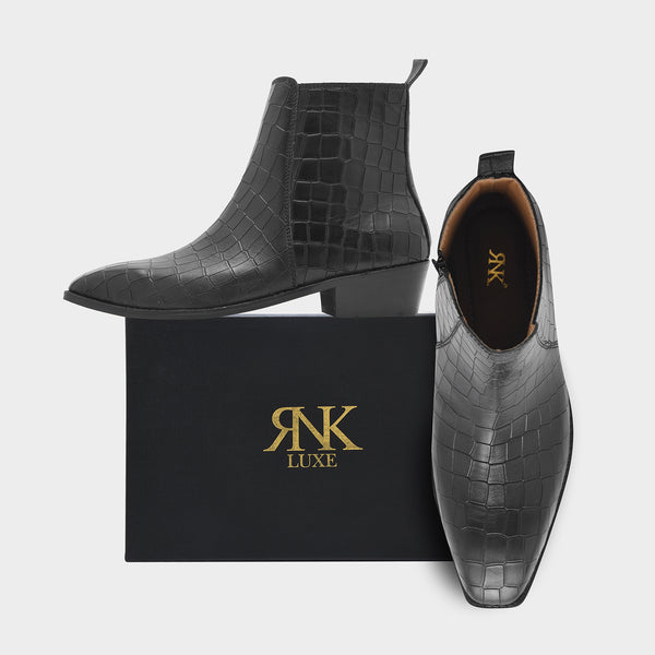 Crocodile Patterned Black Leather Boots for Men