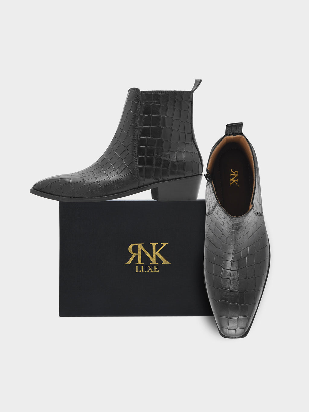 Preview of Crocodile Patterned Black Leather Boots for Men