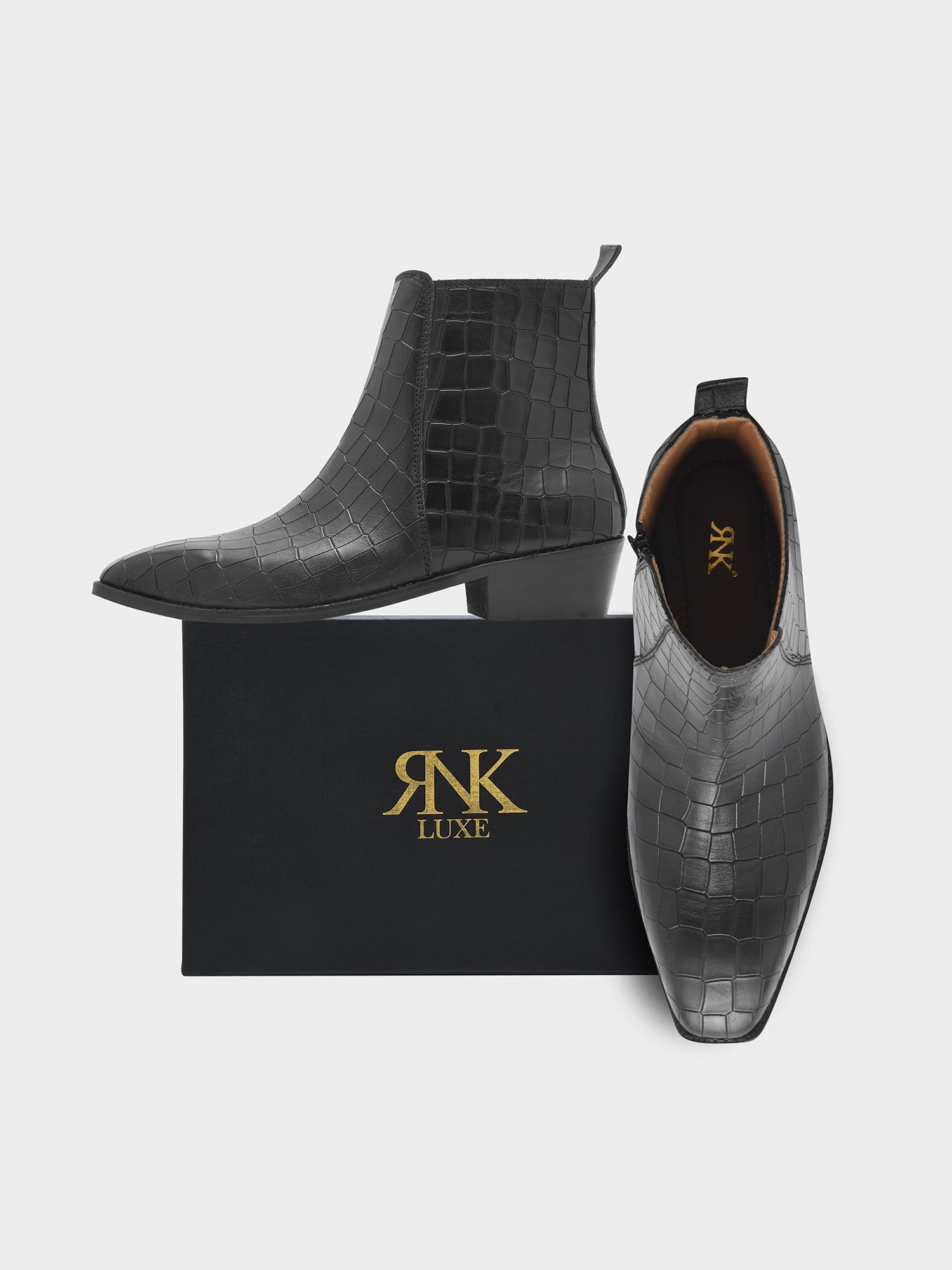Crocodile Patterned Black Leather Boots for Men