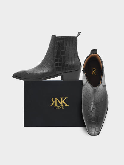 Crocodile Patterned Black Leather Boots for Men