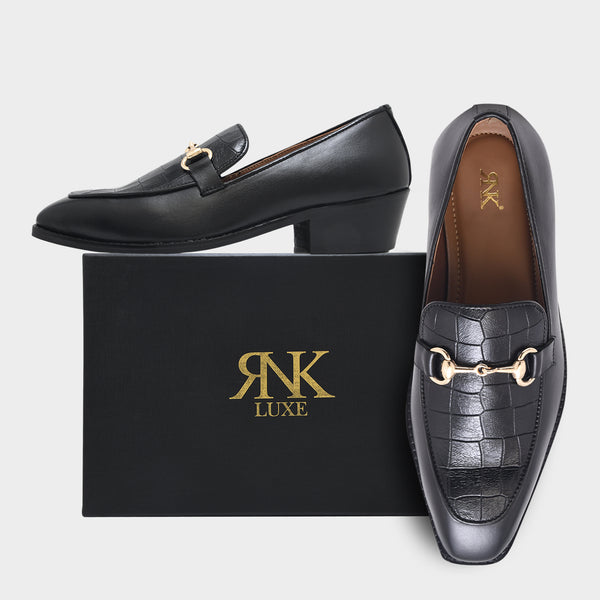 Richie Rich – Black Horsebit Loafers with Croc-Embossed Detail and Cuban Heel