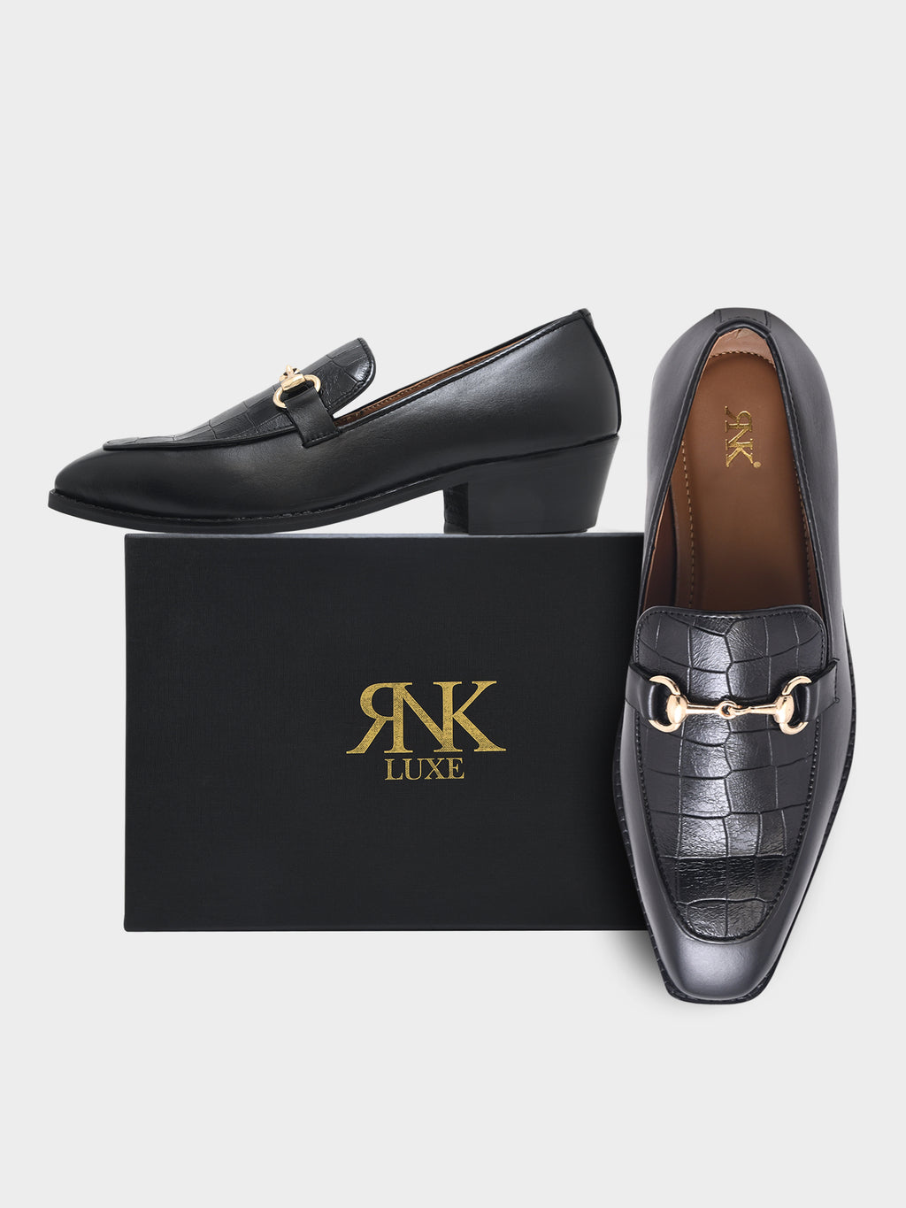 Preview of Richie Rich – Black Horsebit Loafers with Croc-Embossed Detail and Cuban Heel