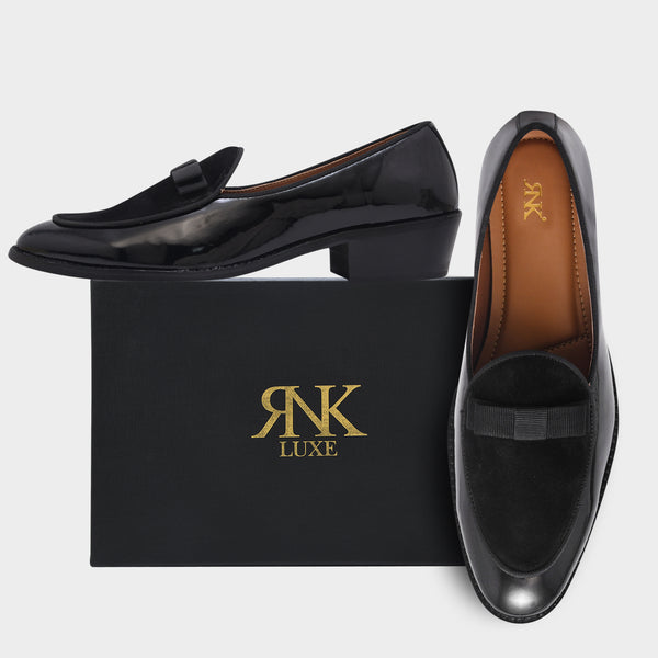 The Tuxe (Cuban Heel) - Patent Leather & Suede Fusion Loafer with Grosgrain Bow in Jet Black