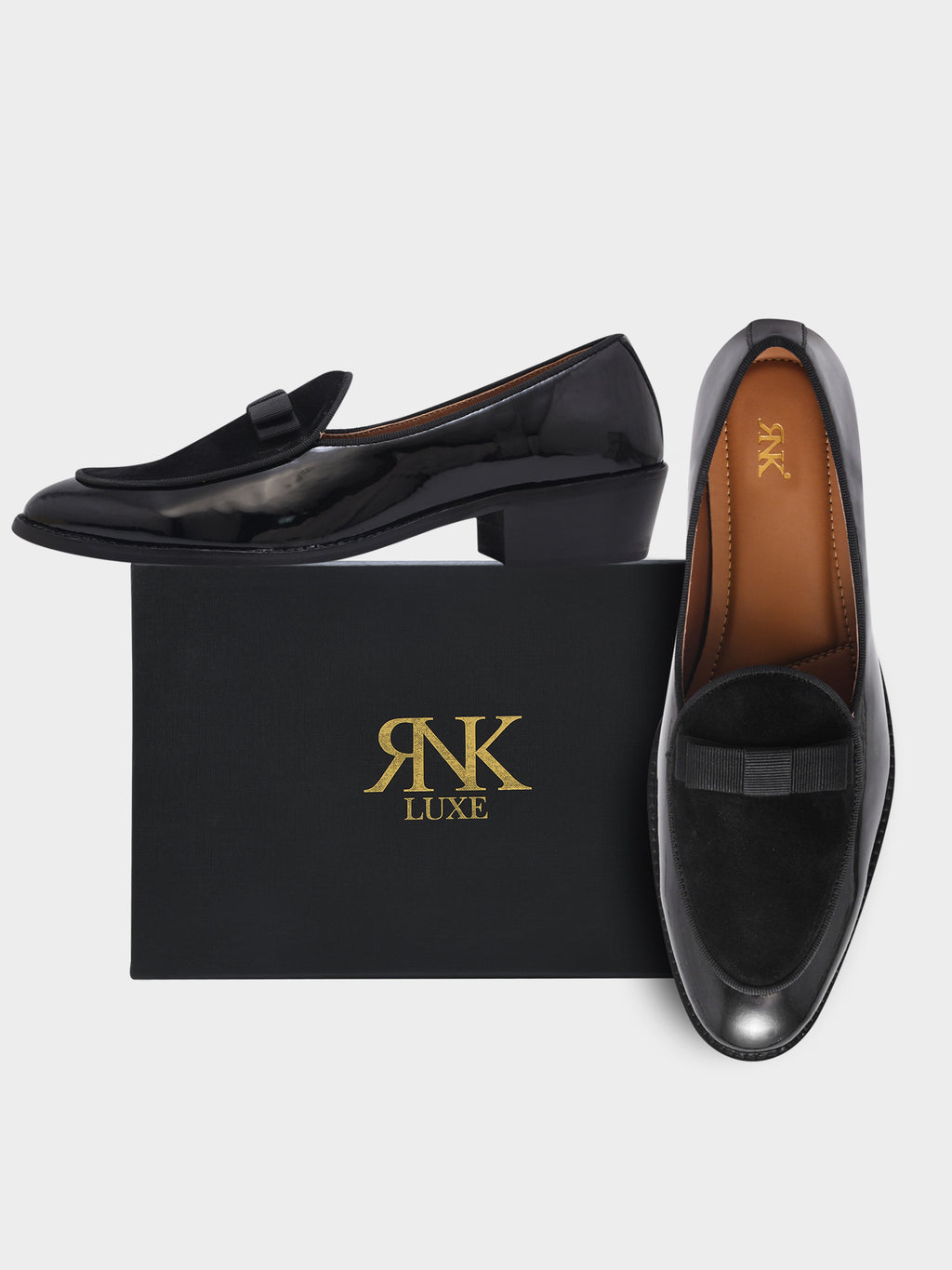 Preview of The Tuxe (Cuban Heel) - Patent Leather & Suede Fusion Loafer with Grosgrain Bow in Jet Black