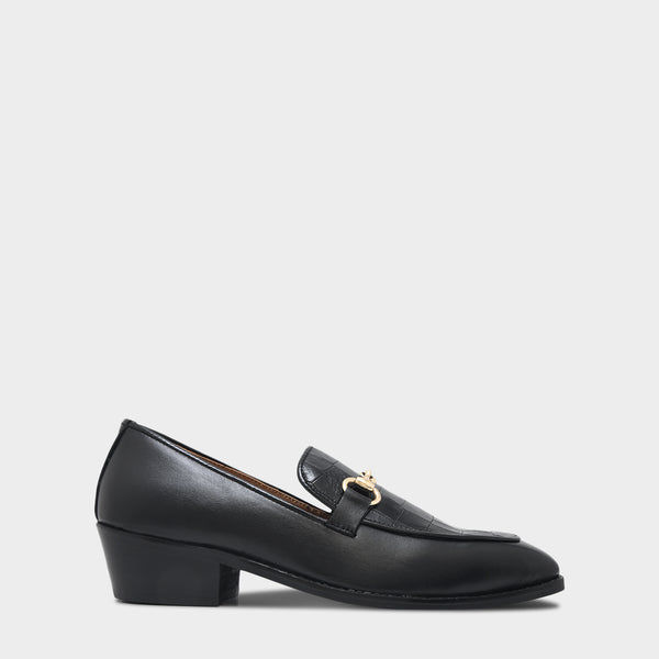 Richie Rich – Black Horsebit Loafers with Croc-Embossed Detail and Cuban Heel
