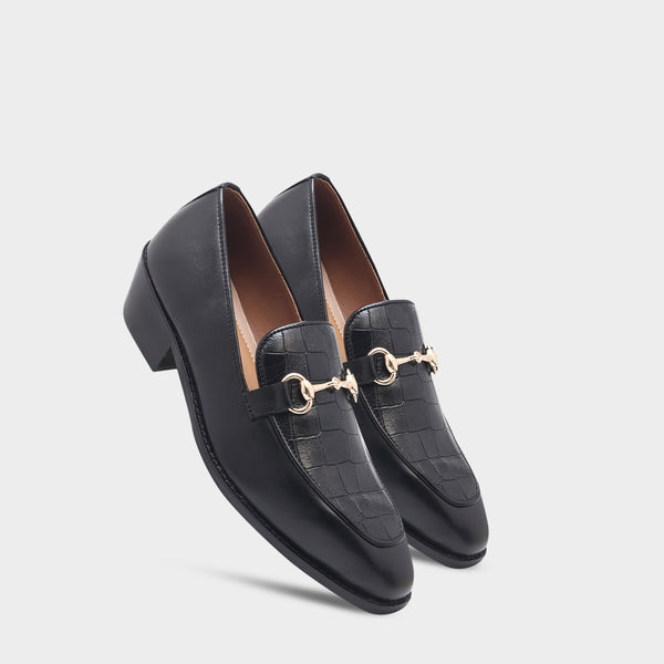 Richie Rich – Black Horsebit Loafers with Croc-Embossed Detail and Cuban Heel