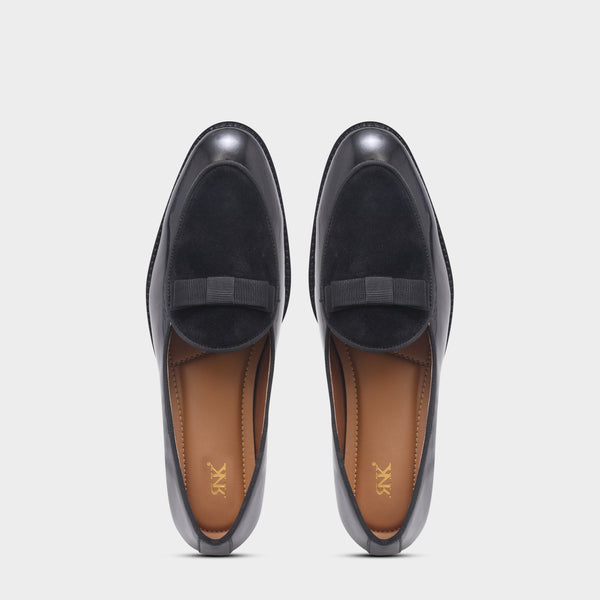 The Tuxe (Cuban Heel) - Patent Leather & Suede Fusion Loafer with Grosgrain Bow in Jet Black