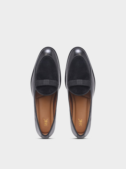 The Tuxe (Cuban Heel) - Patent Leather & Suede Fusion Loafer with Grosgrain Bow in Jet Black
