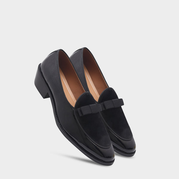 The Tuxe (Cuban Heel) - Patent Leather & Suede Fusion Loafer with Grosgrain Bow in Jet Black