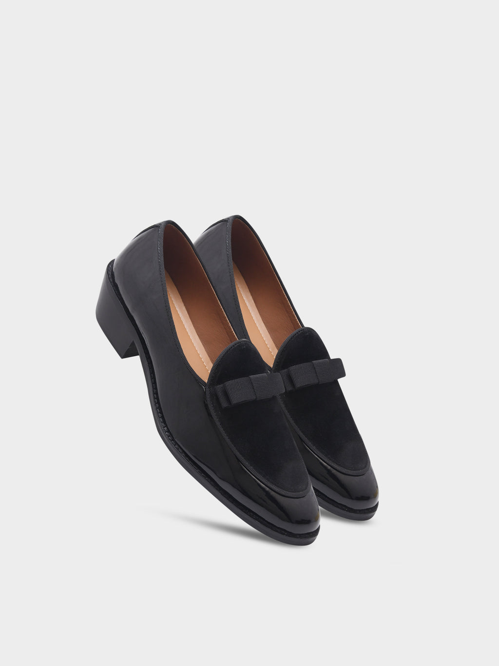 Preview of The Tuxe (Cuban Heel) - Patent Leather & Suede Fusion Loafer with Grosgrain Bow in Jet Black