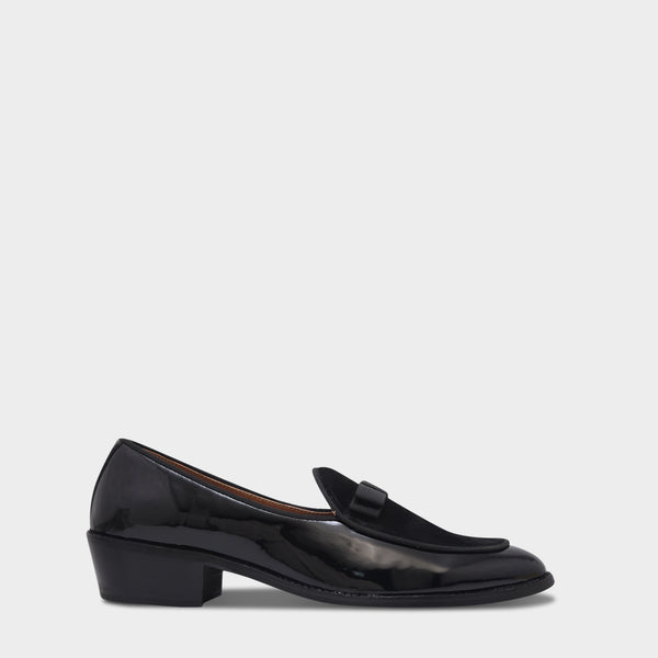 The Tuxe (Cuban Heel) - Patent Leather & Suede Fusion Loafer with Grosgrain Bow in Jet Black
