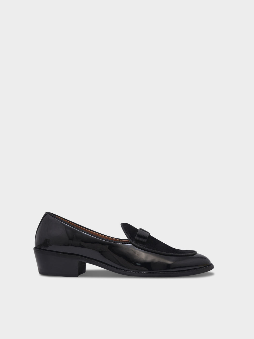 Preview of The Tuxe (Cuban Heel) - Patent Leather & Suede Fusion Loafer with Grosgrain Bow in Jet Black
