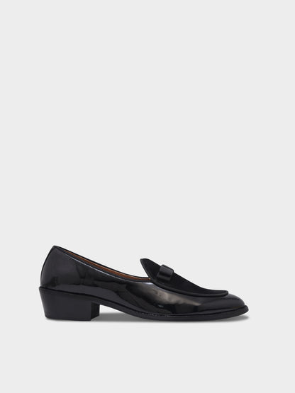 The Tuxe (Cuban Heel) - Patent Leather & Suede Fusion Loafer with Grosgrain Bow in Jet Black