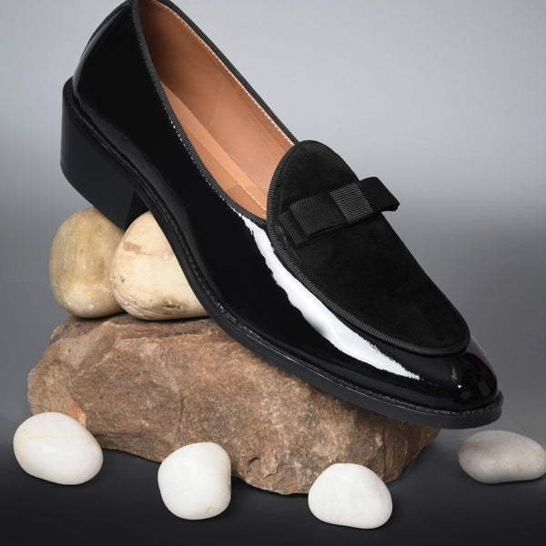 The Tuxe (Cuban Heel) - Patent Leather & Suede Fusion Loafer with Grosgrain Bow in Jet Black