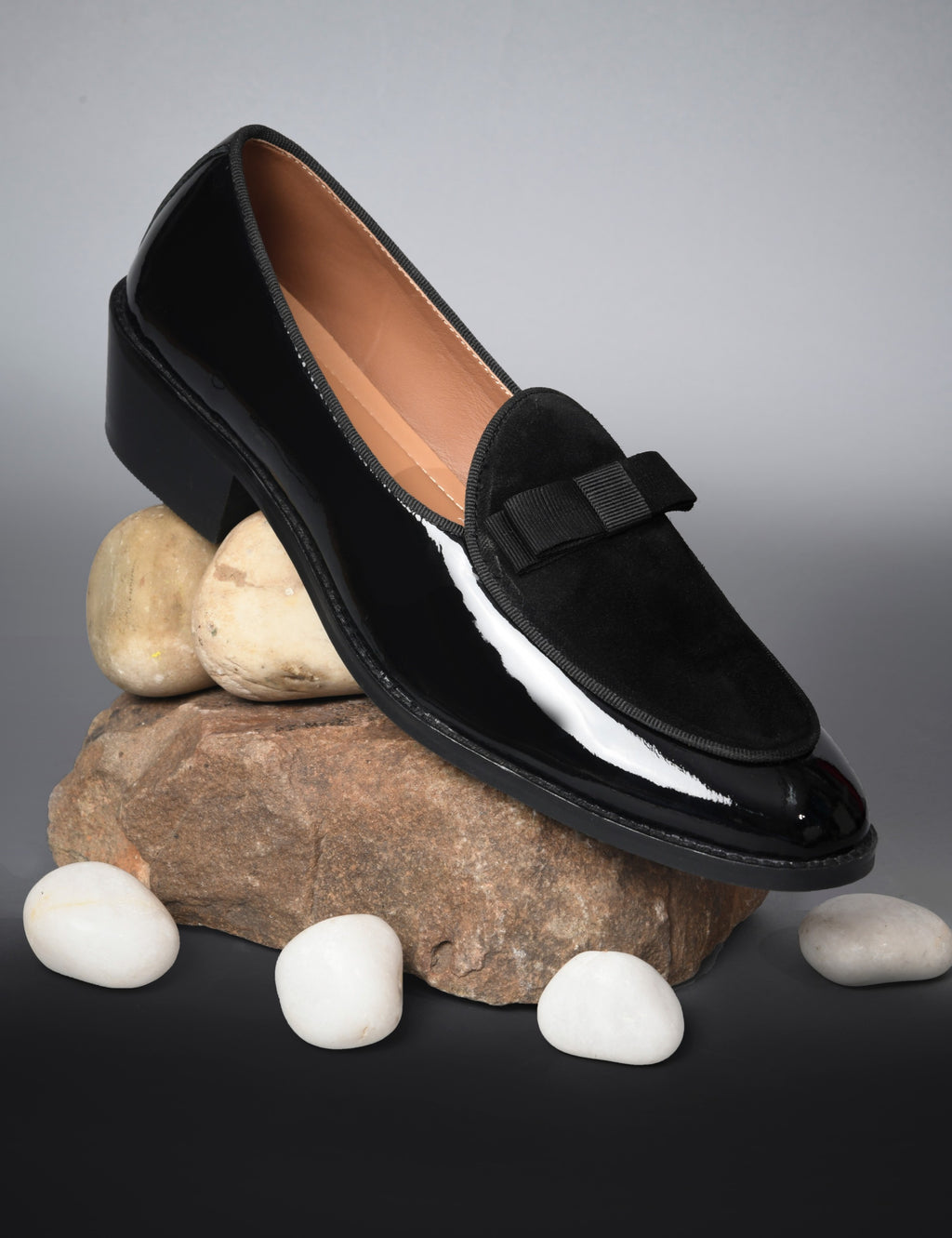 Preview of The Tuxe (Cuban Heel) - Patent Leather & Suede Fusion Loafer with Grosgrain Bow in Jet Black