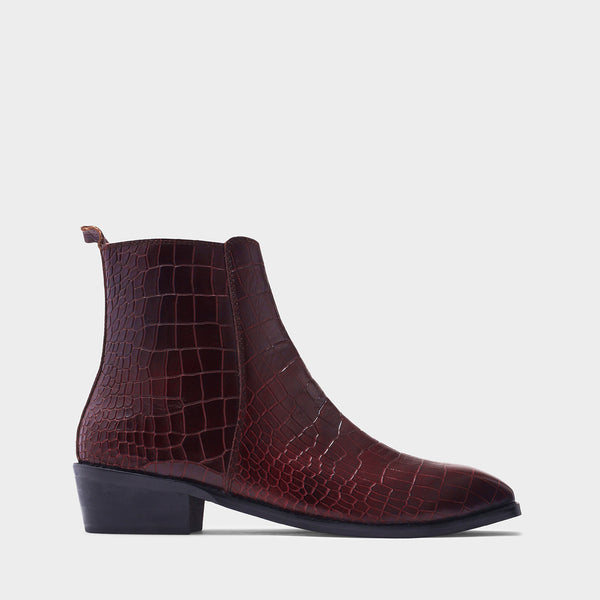 Leonardo Croco Bergundy - Men's Side Zip Leather Boots (Cuban Heel)
