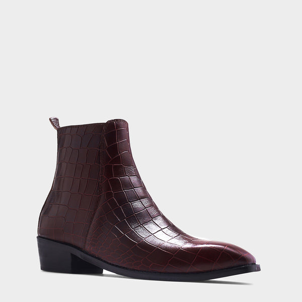 Leonardo Croco Bergundy - Men's Side Zip Leather Boots (Cuban Heel)