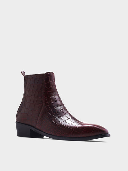 Leonardo Croco Bergundy - Men's Side Zip Leather Boots (Cuban Heel)