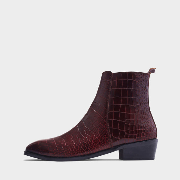 Leonardo Croco Bergundy - Men's Side Zip Leather Boots (Cuban Heel)