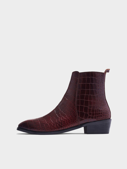Leonardo Croco Bergundy - Men's Side Zip Leather Boots (Cuban Heel)
