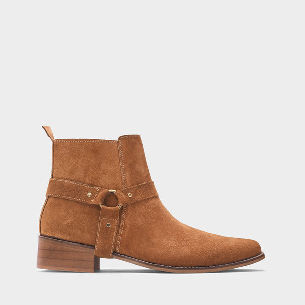 Tan suede boots on Cuban heel with tan coloured buckle on side with golden accents