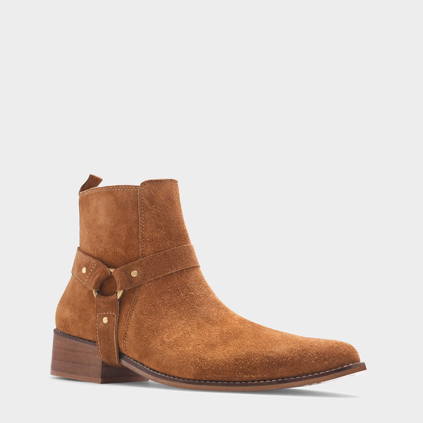 Tan suede boots on Cuban heel with tan coloured buckle on side with golden accents