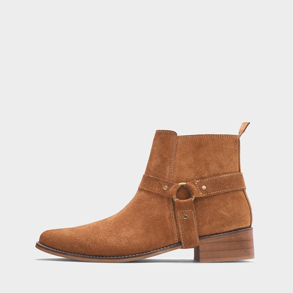 Tan suede boots on Cuban heel with tan coloured buckle on side with golden accents