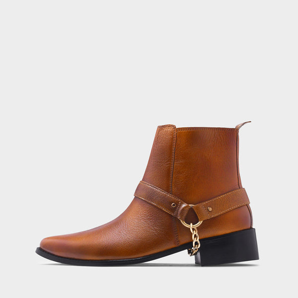 RNK Luxe Logan men's tan leather boots with gold chain detail and Cuban heel, pointed toe handcrafted luxury footwear