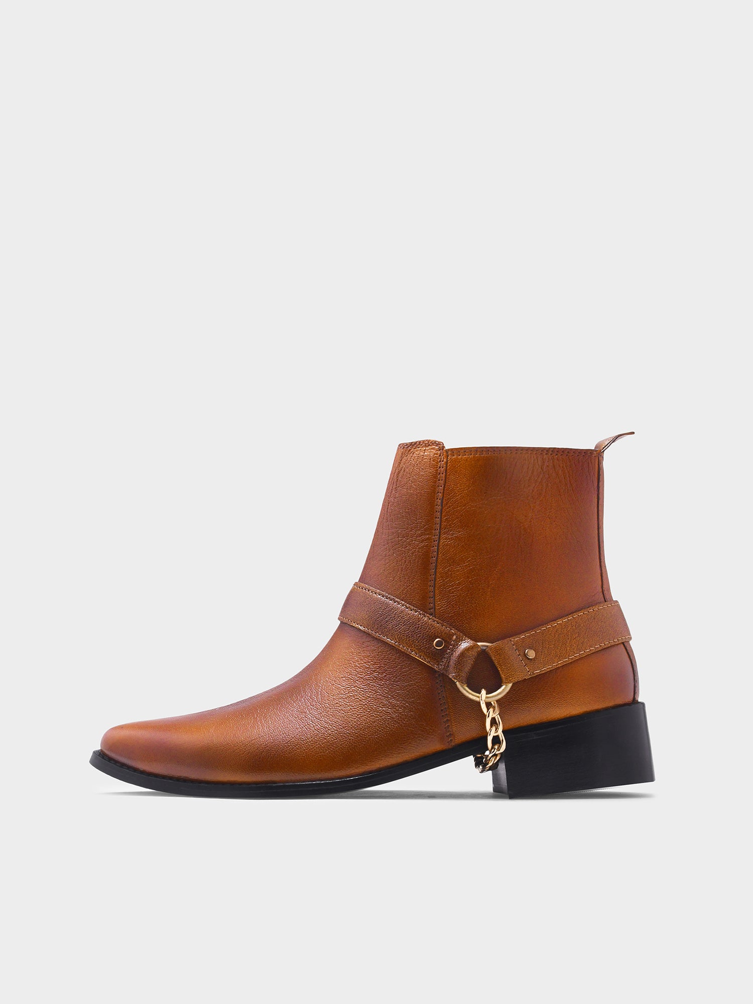 RNK Luxe Logan men's tan leather boots with gold chain detail and Cuban heel, pointed toe handcrafted luxury footwear