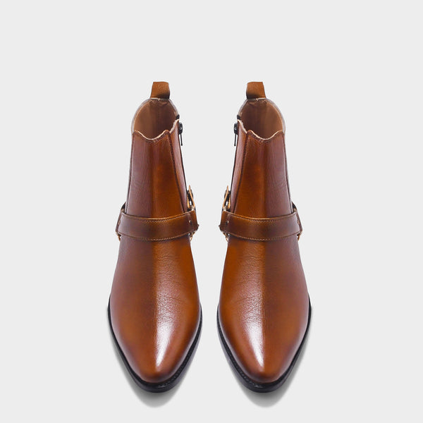 RNK Luxe Logan men's tan leather boots with gold chain detail and Cuban heel, pointed toe handcrafted luxury footwear