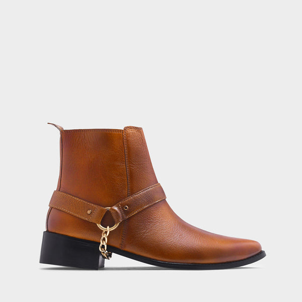RNK Luxe Logan men's tan leather boots with gold chain detail and Cuban heel, pointed toe handcrafted luxury footwear