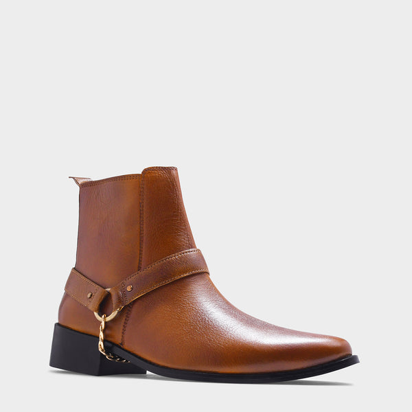 RNK Luxe Logan men's tan leather boots with gold chain detail and Cuban heel, pointed toe handcrafted luxury footwear