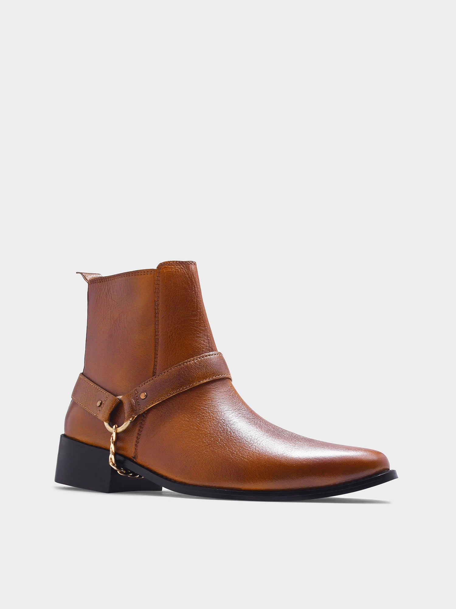 RNK Luxe Logan men's tan leather boots with gold chain detail and Cuban heel, pointed toe handcrafted luxury footwear
