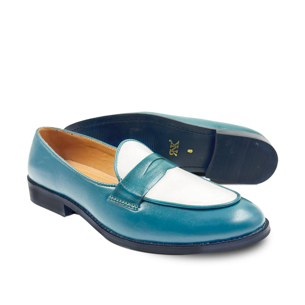 Green leather penny loafers with white leather finish on top on mid heel