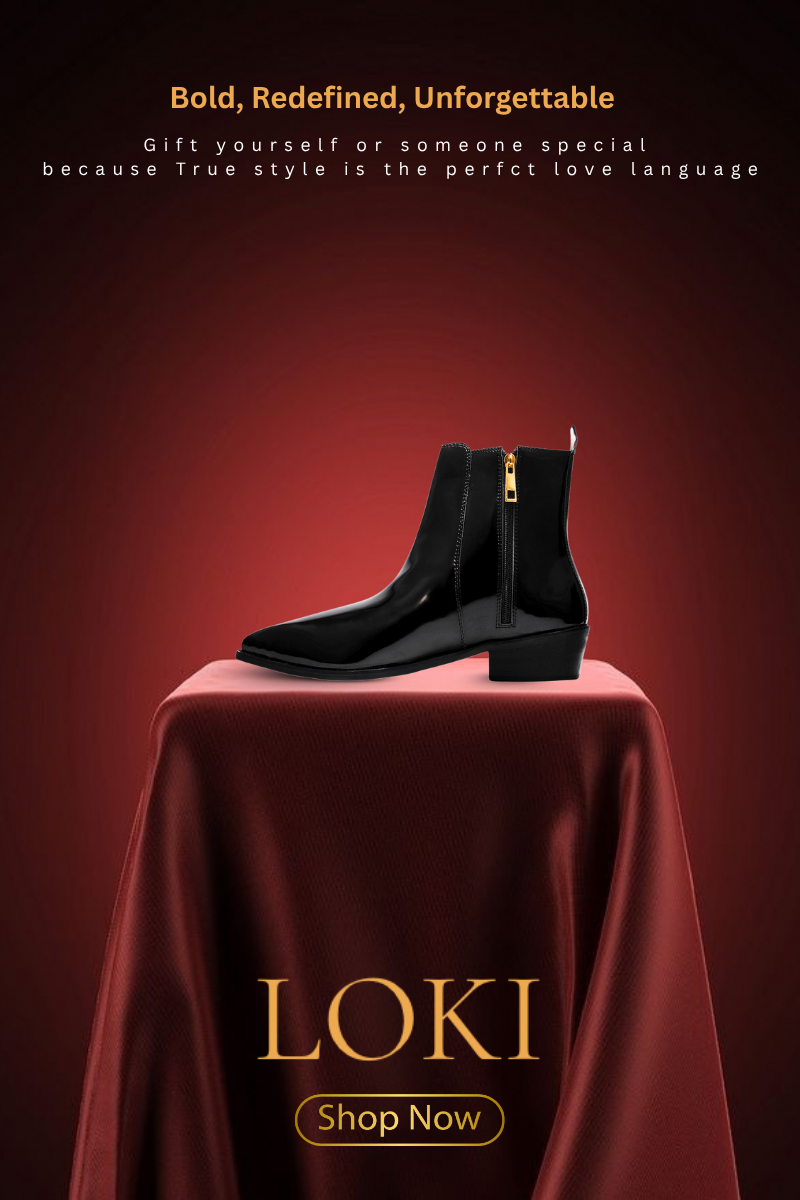 RNK Luxe Loki black patent leather Cuban heel boots placed on a red velvet pedestal with golden zipper detail, showcased under warm spotlight with tagline ‘Bold, Redefined, Unforgettable’ and ‘Shop Now’ button.