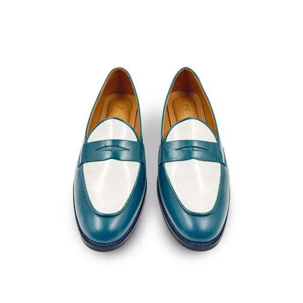 Pair of green leather penny loafers with white leather finish on top on mid heel