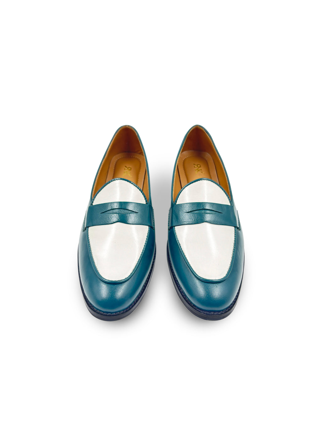 Preview of Pair of green leather penny loafers with white leather finish on top on mid heel