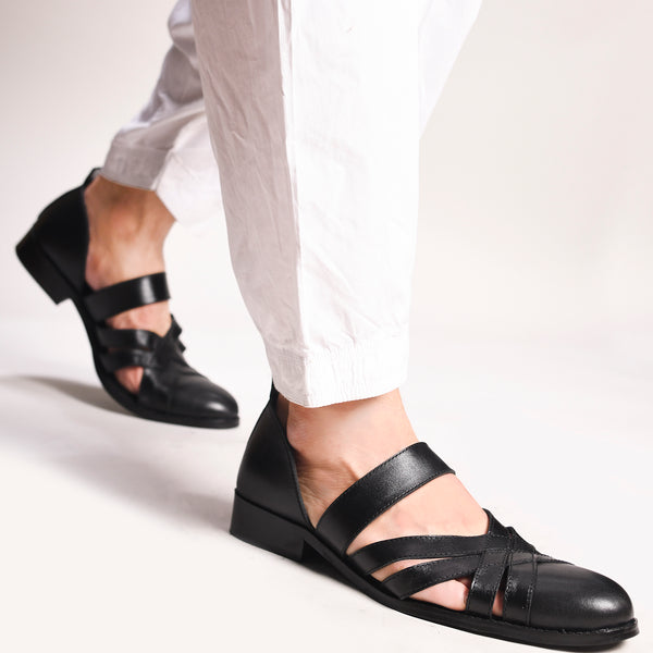 Handcrafted black leather sandals for men with interwoven straps
