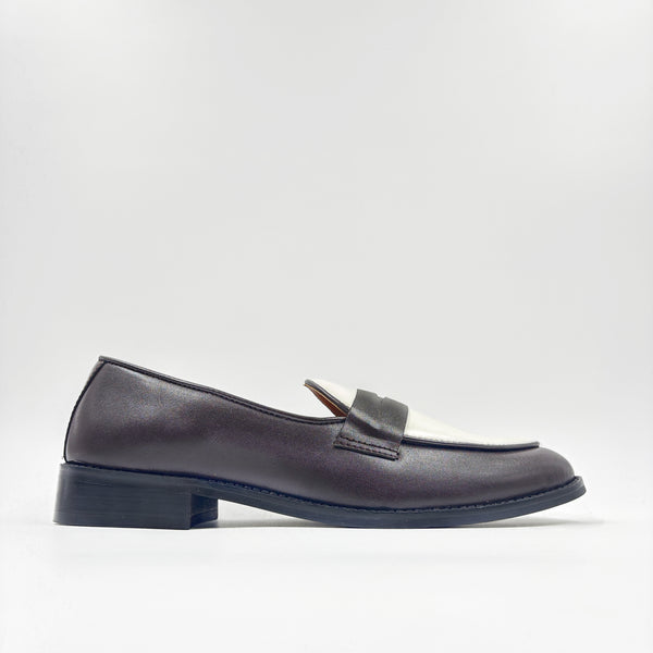 Brown and white leather loafers on a mid heel 