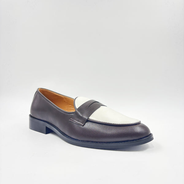 Brown and white leather loafers on a mid heel 