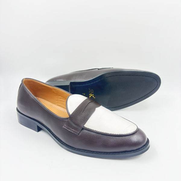 Brown and white leather loafers on a mid heel 