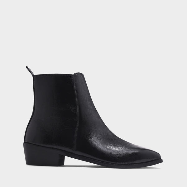 Black patent leather boots with side zipper on a Cuban heel