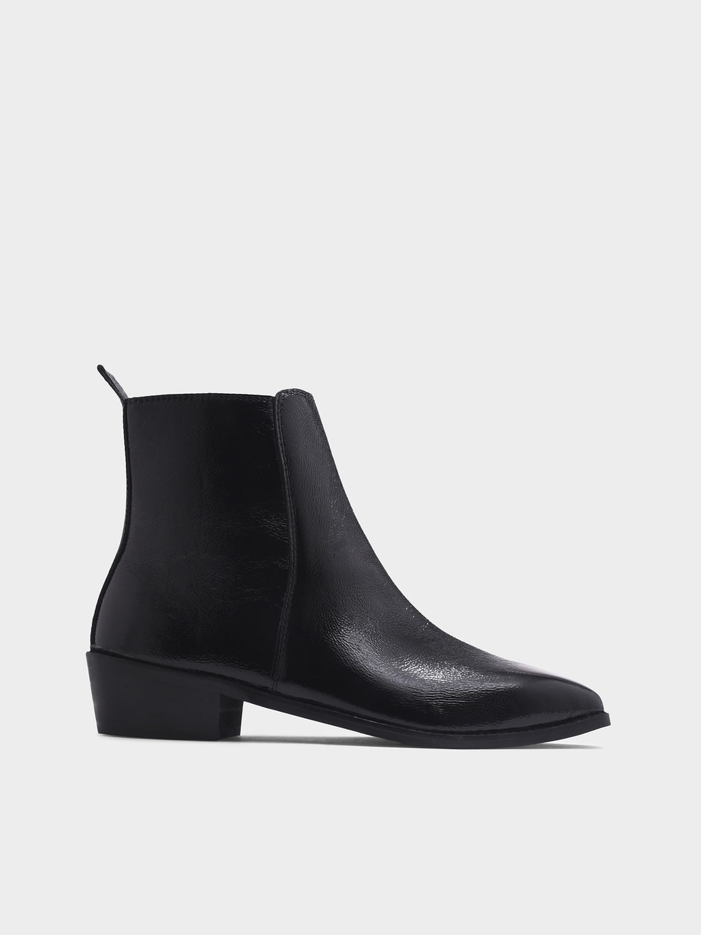 Preview of Black patent leather boots with side zipper on a Cuban heel