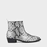 A pair of black and white snake printed leather boot with square toe and a black colour Cuban heel