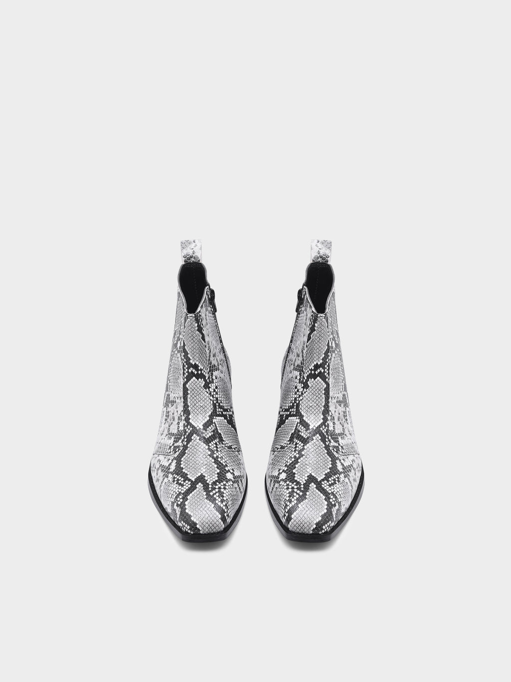 Preview of A pair of black and white snake printed leather boot with square toe and a black colour Cuban heel