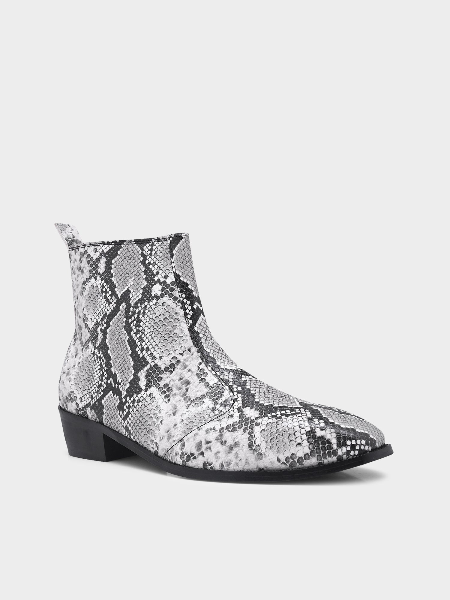 A pair of black and white snake printed leather boot with square toe and a black colour Cuban heel