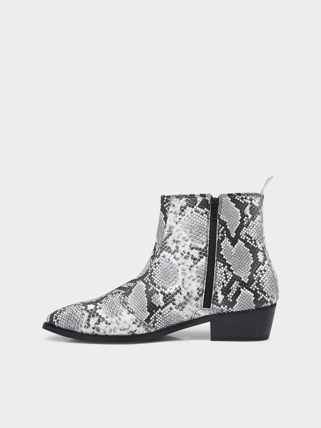Preview of A black and white snake printed leather boot with square toe and a black colour Cuban heel