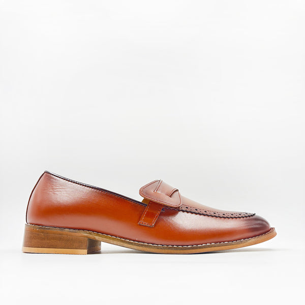 Brown leather penny loafers on a mid heel 